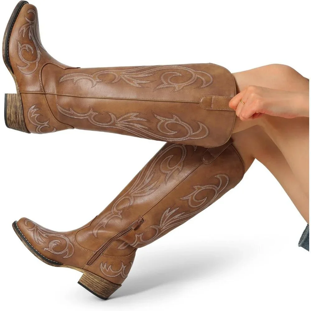 Womens Faux Leather Brown Knee High Chunky Heel Side Zipper Embroidered Boots